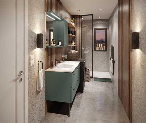 salle de bains chic, ambiance hotel parisien et urbain industriel, avec façades opale amazonie et plan vasque à retrouver directement chez discac