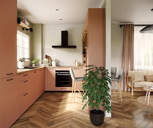 cuisine jeune habitat aménagée en L style bohème façades abricot avec plan de travail Chêne brut
