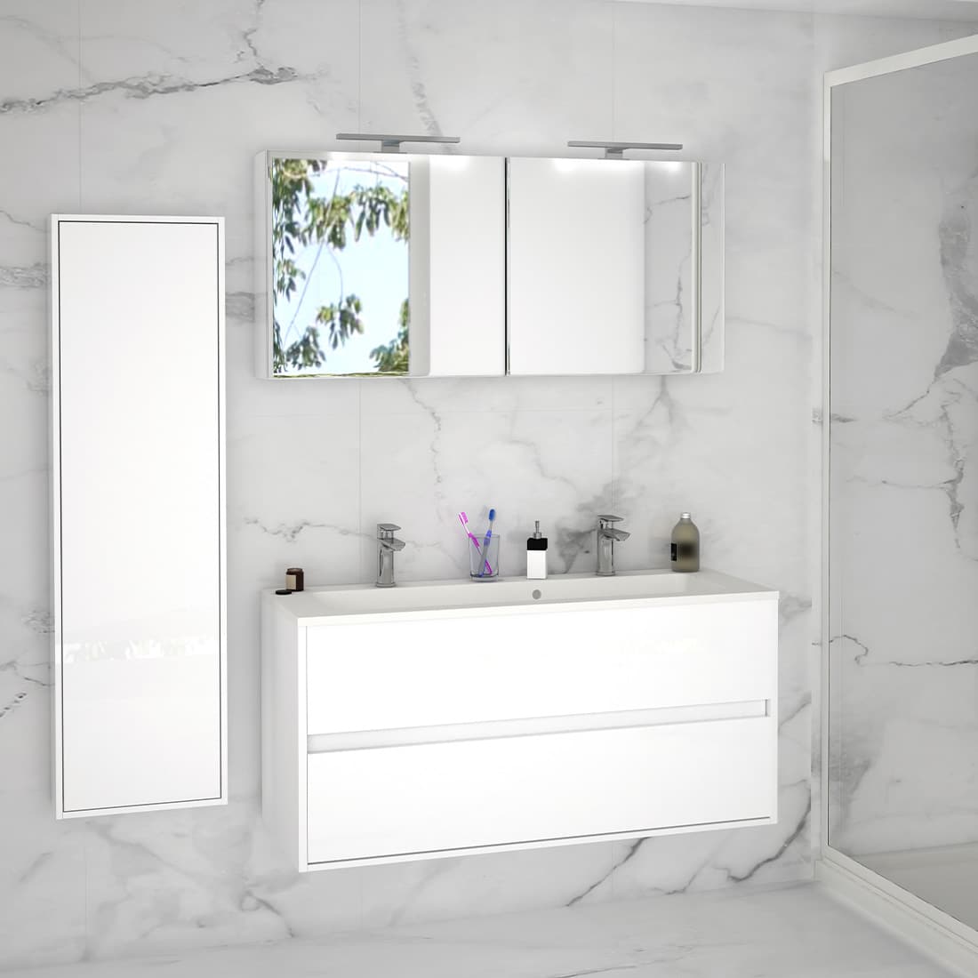 salle de bain blanche et marbre discac