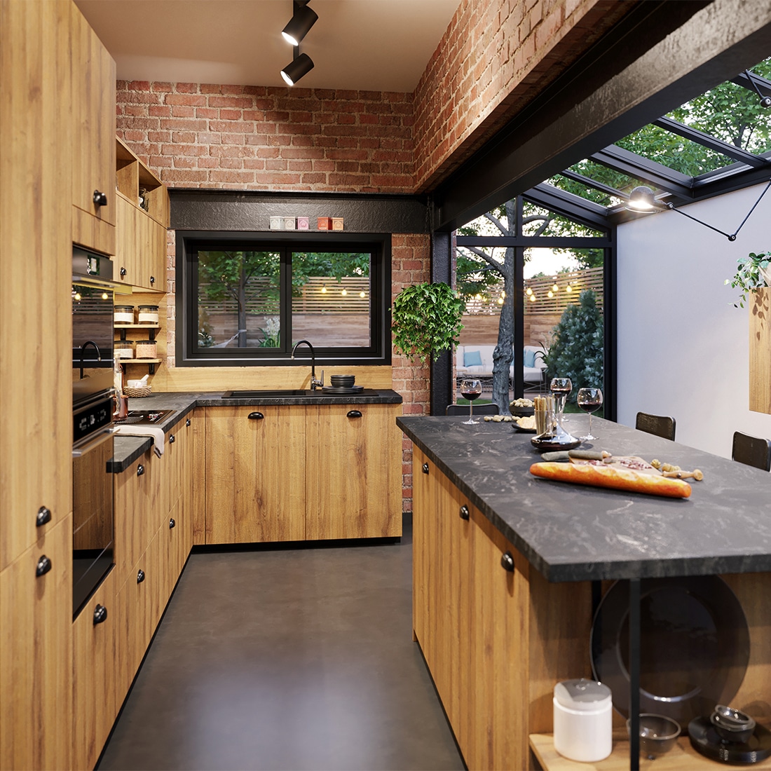 photo cuisine bois et ardoise style industriel avec ilot central et mur en brique