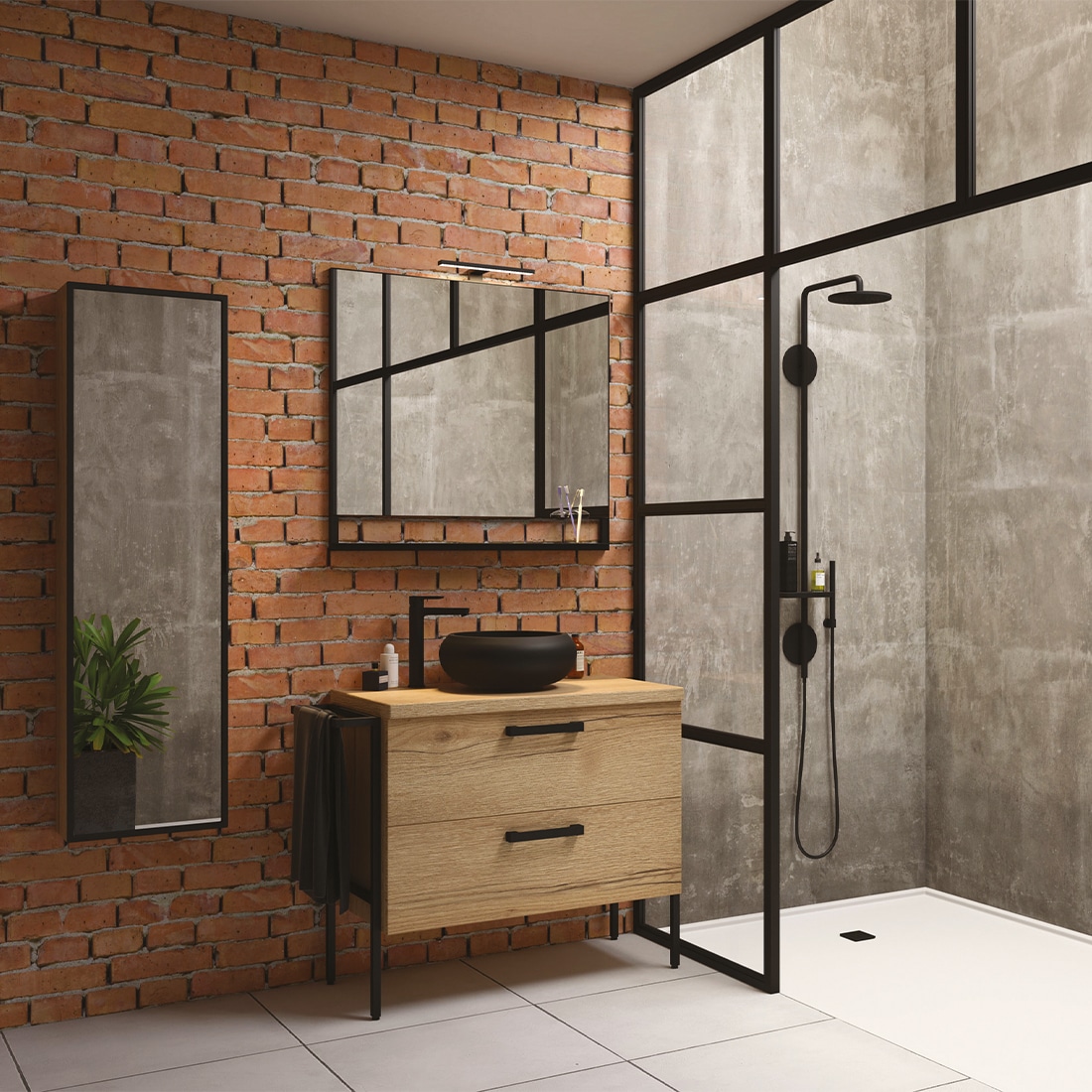salle de bains inspiration industrielle avec mur en brique et en béton meuble en bois poignée noir et vasque en galet noir mat