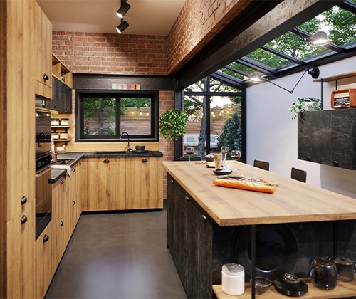 photo cuisine bois et ardoise style industriel avec ilot central et mur en brique
