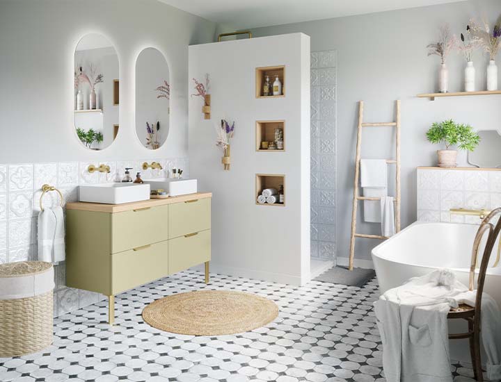 salle de bain style bohème meuble façade couleur olive et plan de travail chêne clair