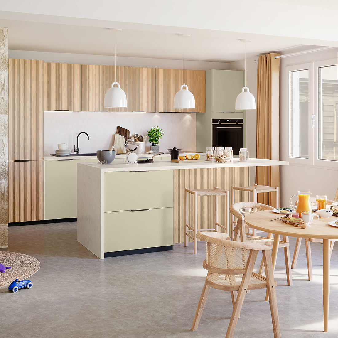 Cuisine moderne façade bois et plan de travail noir - Fabricant Discac